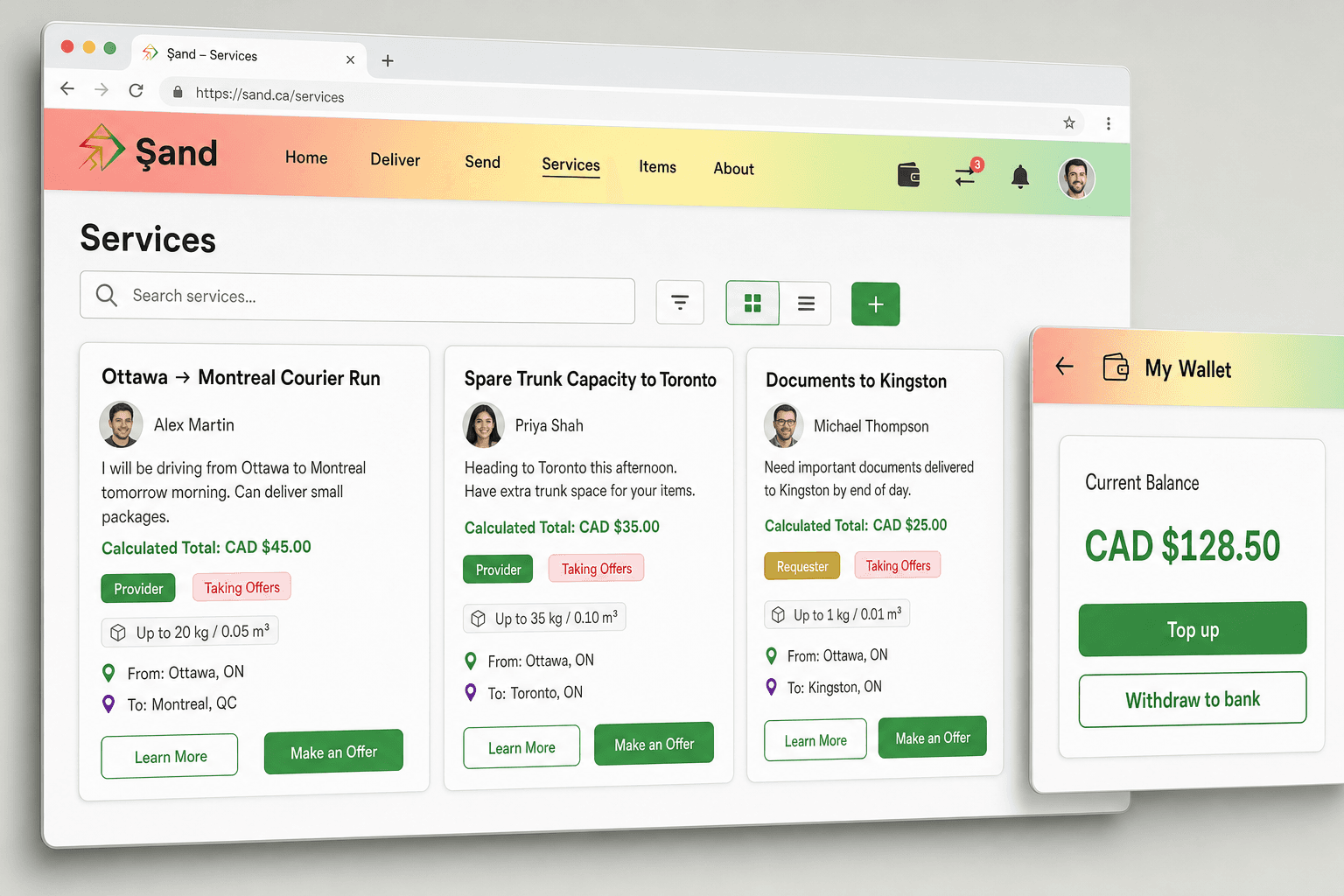Şand web app mockup showing the Services marketplace with Provider and Requester listings, From/To routes, and My Wallet balance